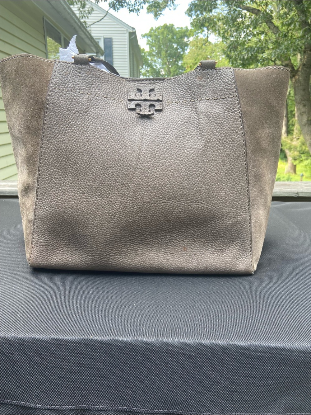 Tory Burch McGraw Pebbled Leather & Suede Tote in Taupe (Grey/maple leaf)